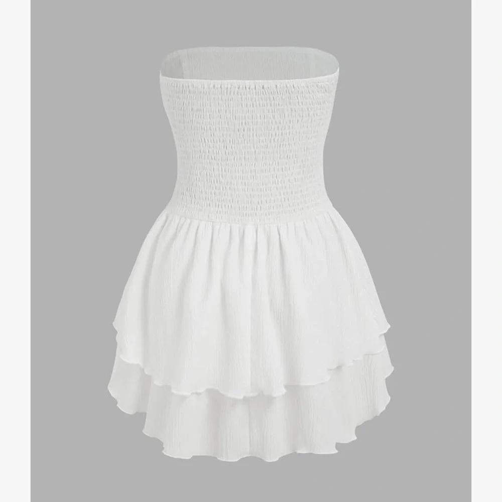 Strapless Ruched Ruffle White Mini Dress - Picture 3 of 3